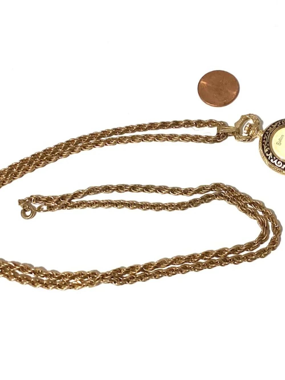 Vintage Pocket Watch, Unique Long Chain Gold Tone, WORKS! Victorian Retro